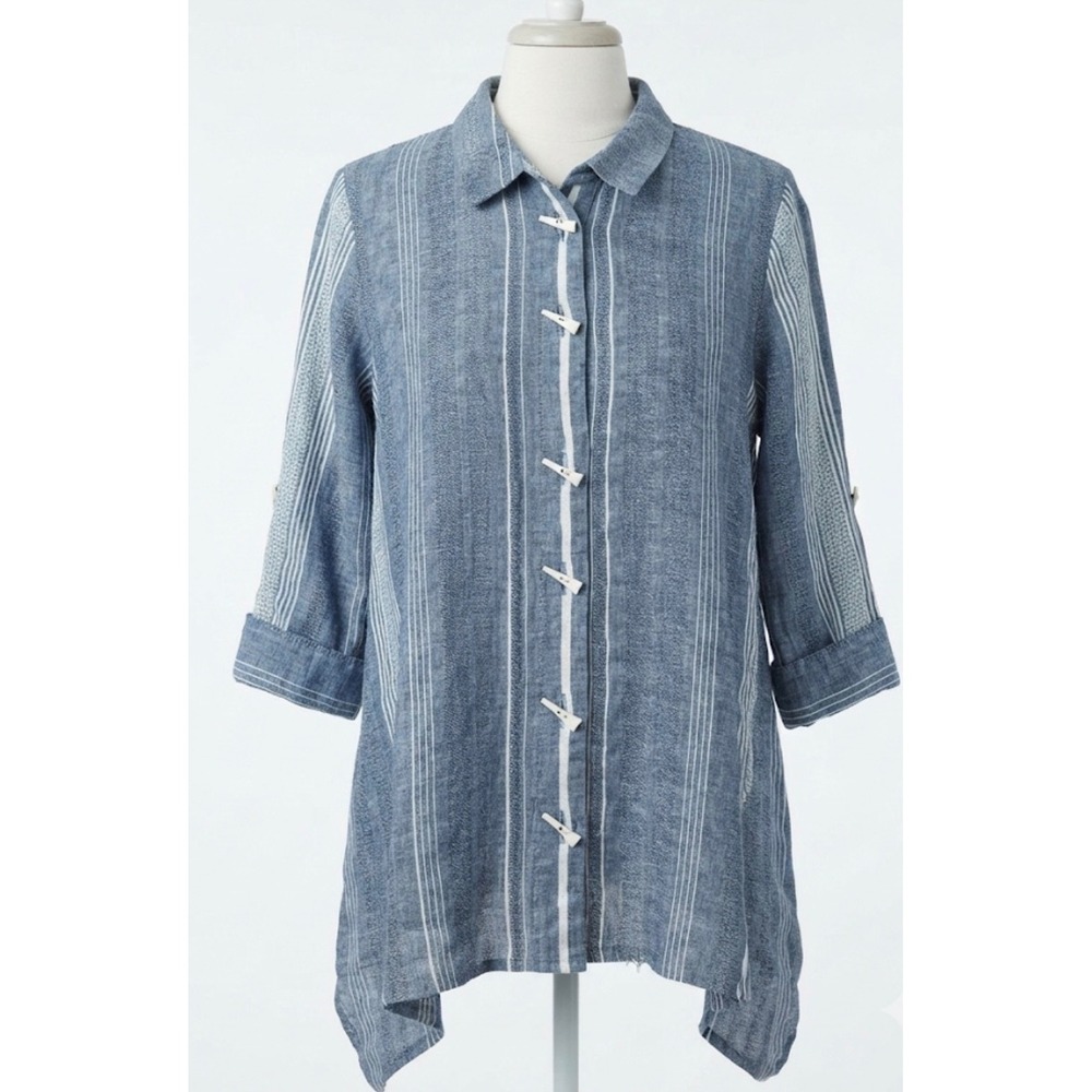 Ali Miles Linen Blend Blue Striped Tunic Top Toggle Button Coastal Grandma L